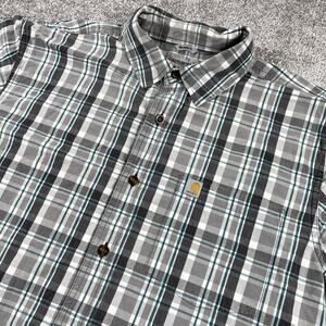 Carhartt Button Up Shirt Mens Large Relaxed Fit Plaid Short Sleeve Cotton Gray